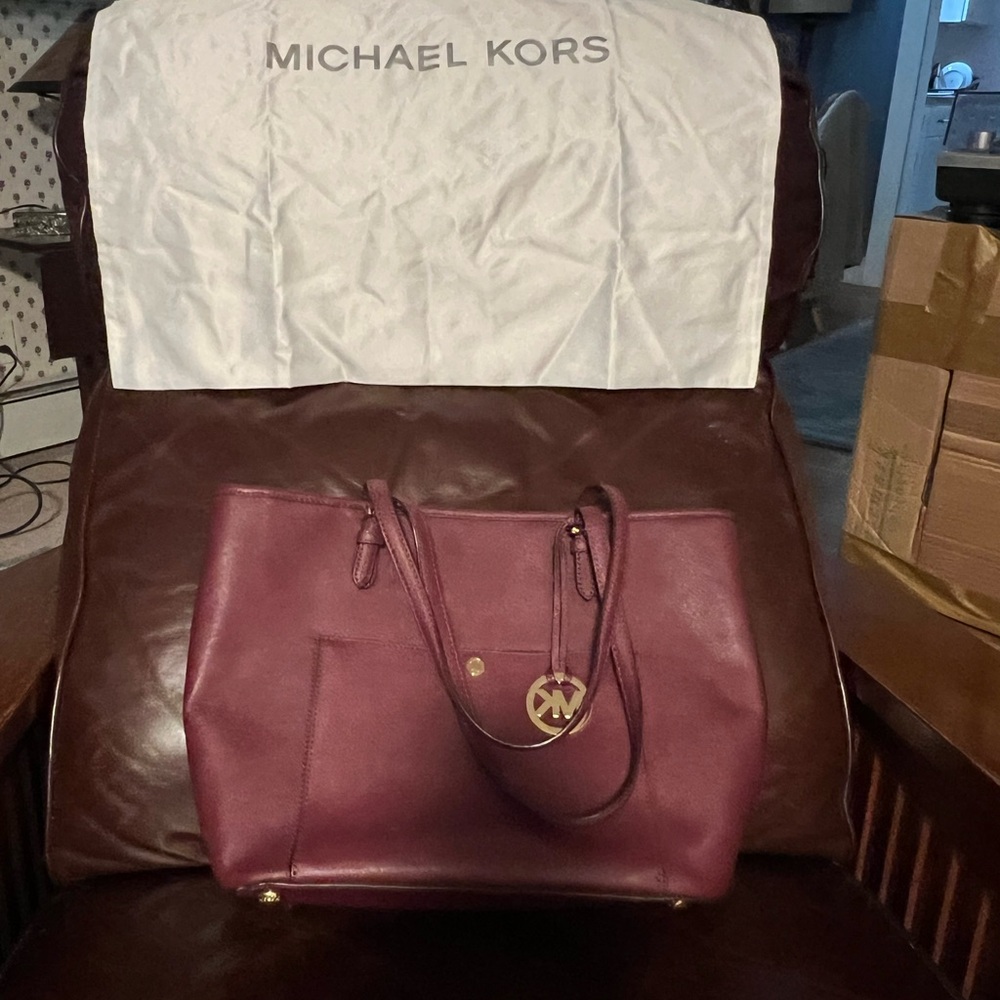 Michael Kors Red Leather Tote with Signature Charm